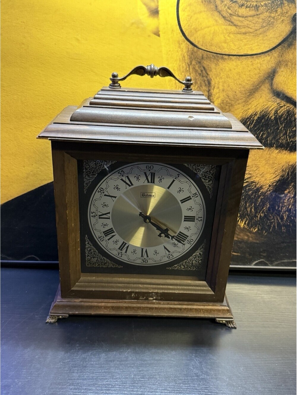 Vintage 1979 Bulova B1822 Mantel Strike Clock Wood Case Roman Numeral